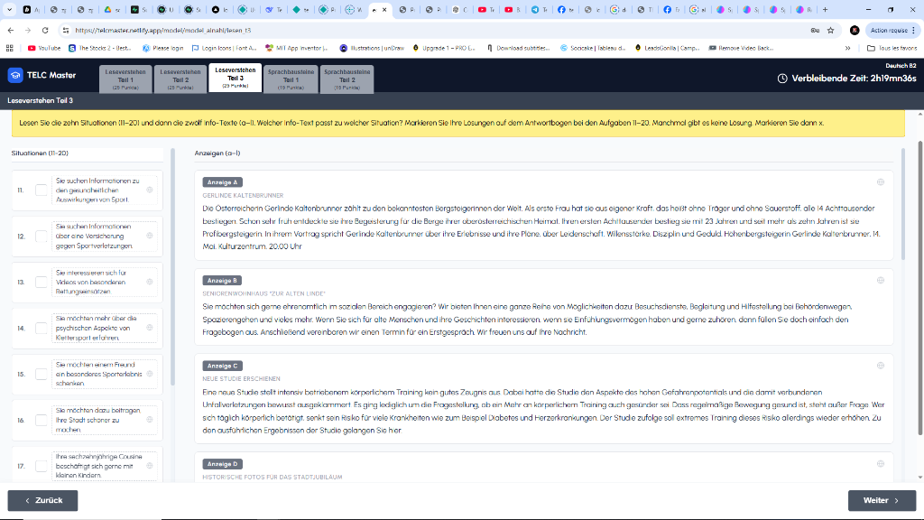 Interface de préparation TELC B2 - Lesen Teil 3